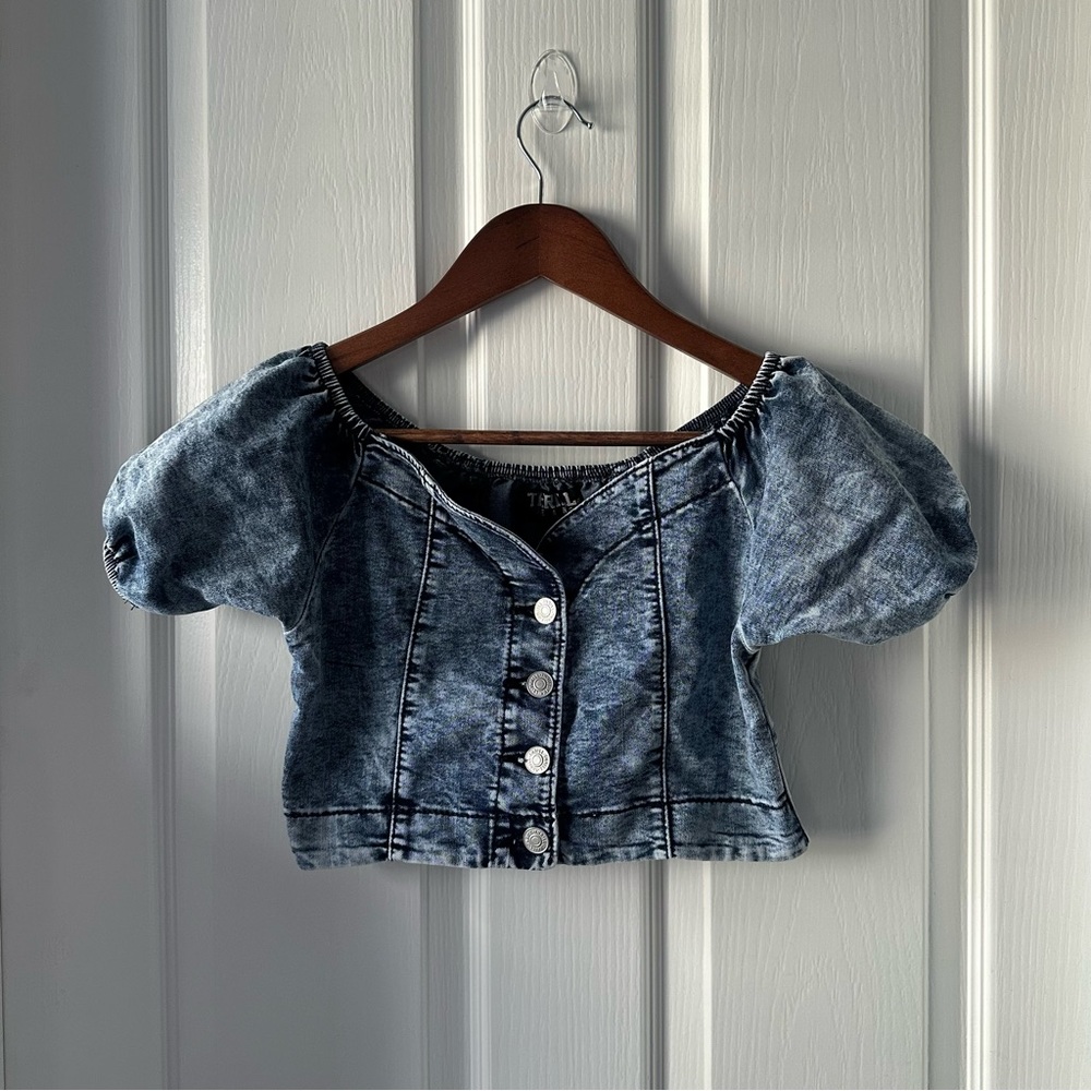 Denim Puff Sleeve Crop Top